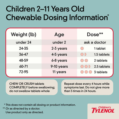 Children's Tylenol Chewables with 160 mg Acetaminophen, Pain Reliever & Fever Reducer for Kids' Cold + Flu Symptoms, Headache, Sore Throat & Toothache, Aspirin-Free, Grape Flavor, 24 ct - dailyvitalstore