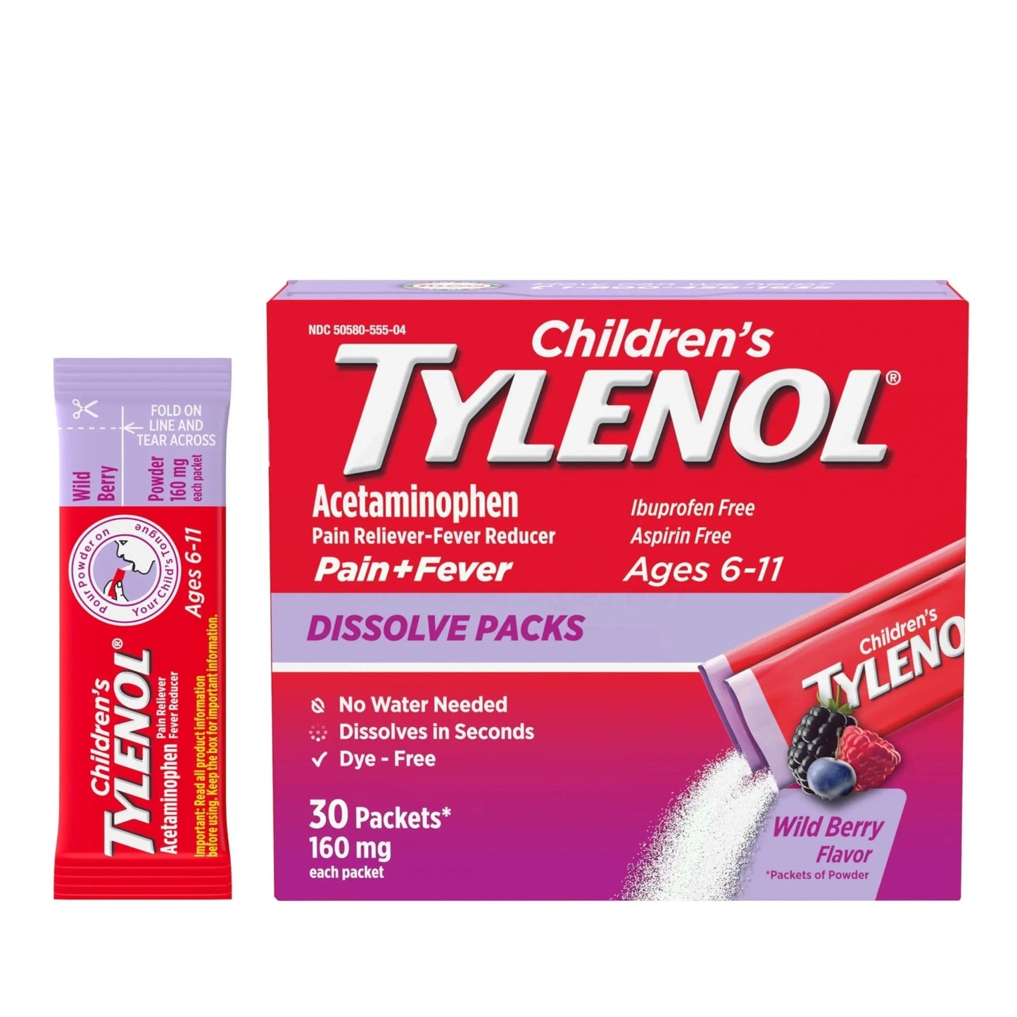 Children's Tylenol Dissolve Packs for Pain Relief, Fever Medication, 160 mg Acetaminophen, Dye Free, Kids' Powder Packets for Cold & Flu Symptom Relief; Wild Berry Flavor, 30 ct.; Pack of 1 - dailyvitalstore
