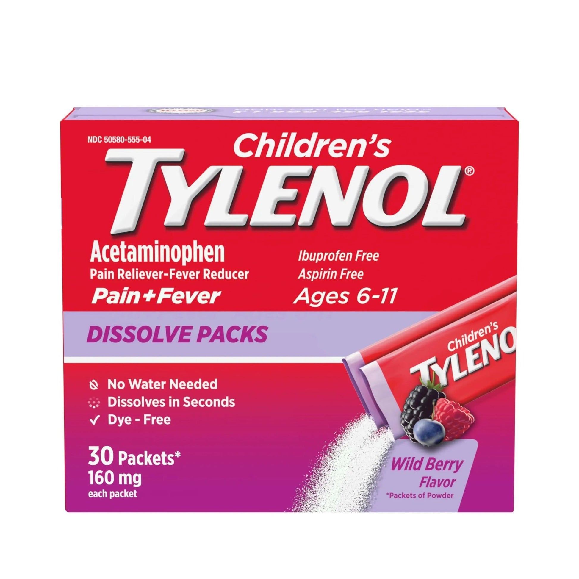 Children's Tylenol Dissolve Packs for Pain Relief, Fever Medication, 160 mg Acetaminophen, Dye Free, Kids' Powder Packets for Cold & Flu Symptom Relief; Wild Berry Flavor, 30 ct.; Pack of 1 - dailyvitalstore