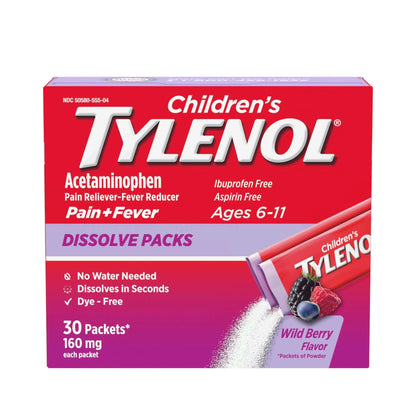 Children's Tylenol Dissolve Packs for Pain Relief, Fever Medication, 160 mg Acetaminophen, Dye Free, Kids' Powder Packets for Cold & Flu Symptom Relief; Wild Berry Flavor, 30 ct.; Pack of 1 - dailyvitalstore