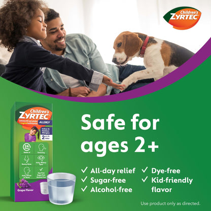 Children's Zyrtec Liquid, Kid's Antihistamine Syrup, Dye-, Sugar-, and Alcohol-Free, Pleasant Grape Flavor, Contains Cetirizine HCl Suitable for Ages 2 Years and Up, 8 fl oz Bottle - dailyvitalstore