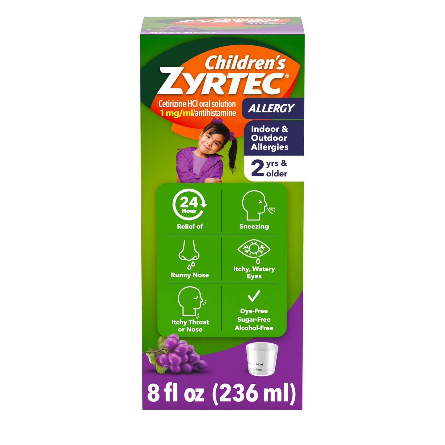 Children's Zyrtec Liquid, Kid's Antihistamine Syrup, Dye-, Sugar-, and Alcohol-Free, Pleasant Grape Flavor, Contains Cetirizine HCl Suitable for Ages 2 Years and Up, 8 fl oz Bottle - dailyvitalstore