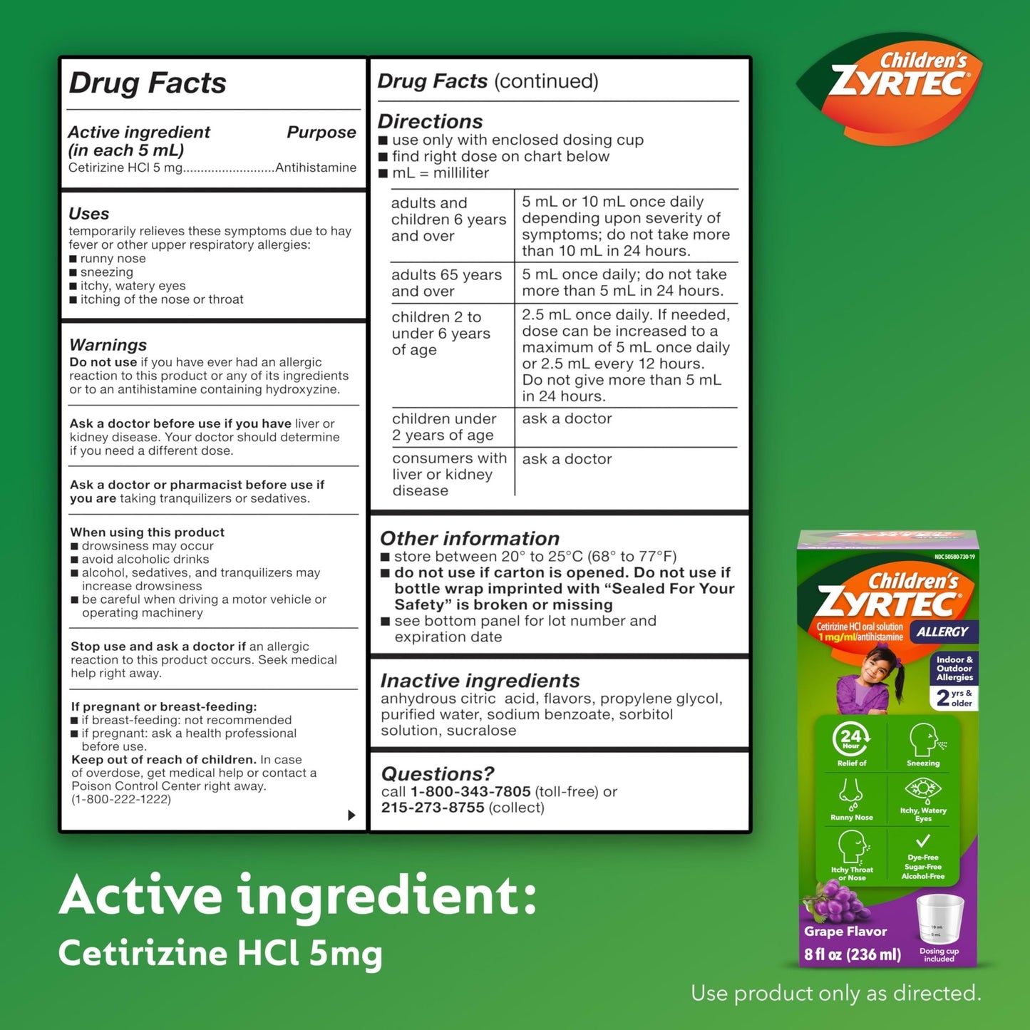 Children's Zyrtec Liquid, Kid's Antihistamine Syrup, Dye-, Sugar-, and Alcohol-Free, Pleasant Grape Flavor, Contains Cetirizine HCl Suitable for Ages 2 Years and Up, 8 fl oz Bottle - dailyvitalstore