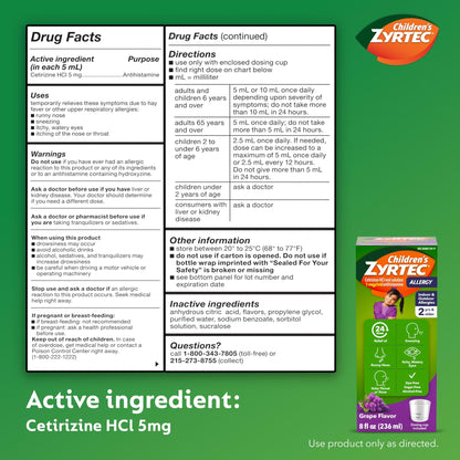 Children's Zyrtec Liquid, Kid's Antihistamine Syrup, Dye-, Sugar-, and Alcohol-Free, Pleasant Grape Flavor, Contains Cetirizine HCl Suitable for Ages 2 Years and Up, 8 fl oz Bottle - dailyvitalstore