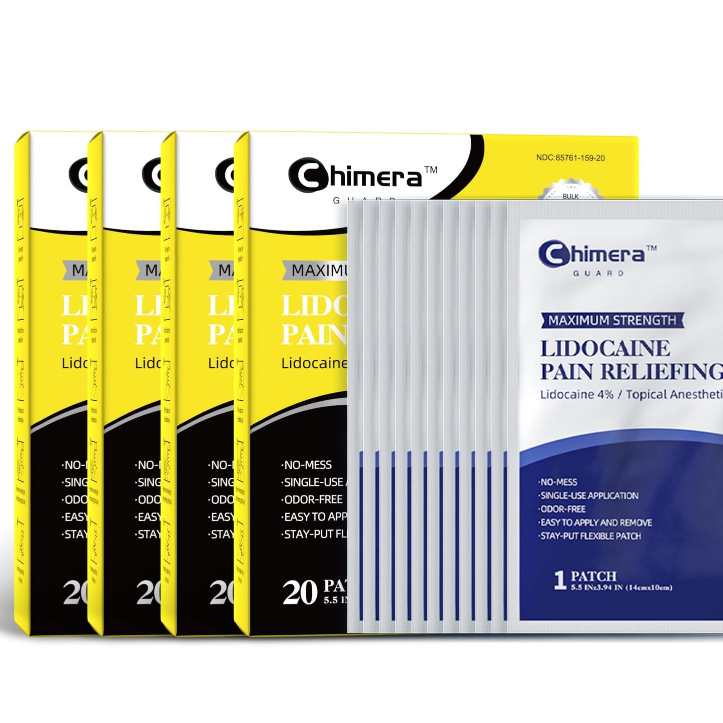 Chimera GUARD 4% Lidocaine Pain Relief Patches (80ct) - F-SA/H-SA Eligible Maximum Strength Numbing Gel Patch for Muscle, Joint, Nerve, Sciatica Pain - Odorless, Stay-Put & 8-Hour Long Lasting - dailyvitalstore