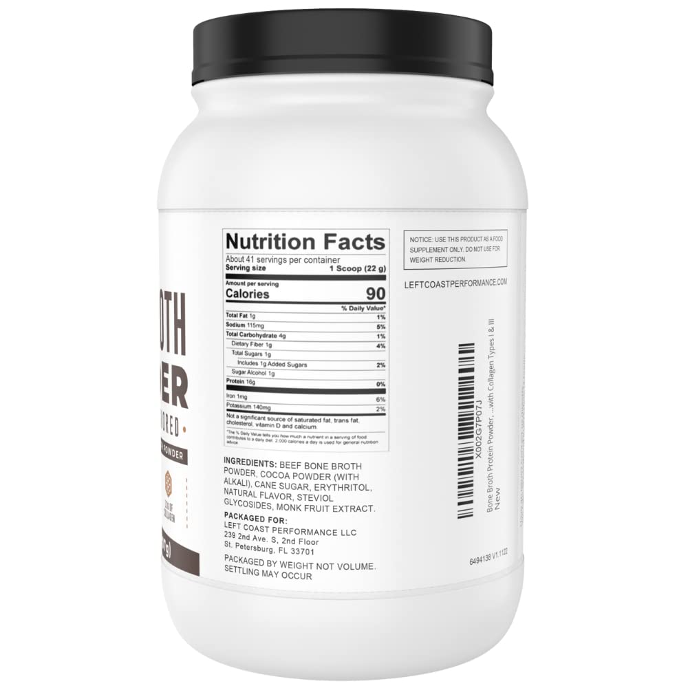 Chocolate Bone Broth Protein Powder - 100% Grass Fed Beef Bone Broth with 16g Protein & 13g Collagen per Serving - Great for Shakes & Hot Chocolate - Keto Friendly Low Carb - dailyvitalstore