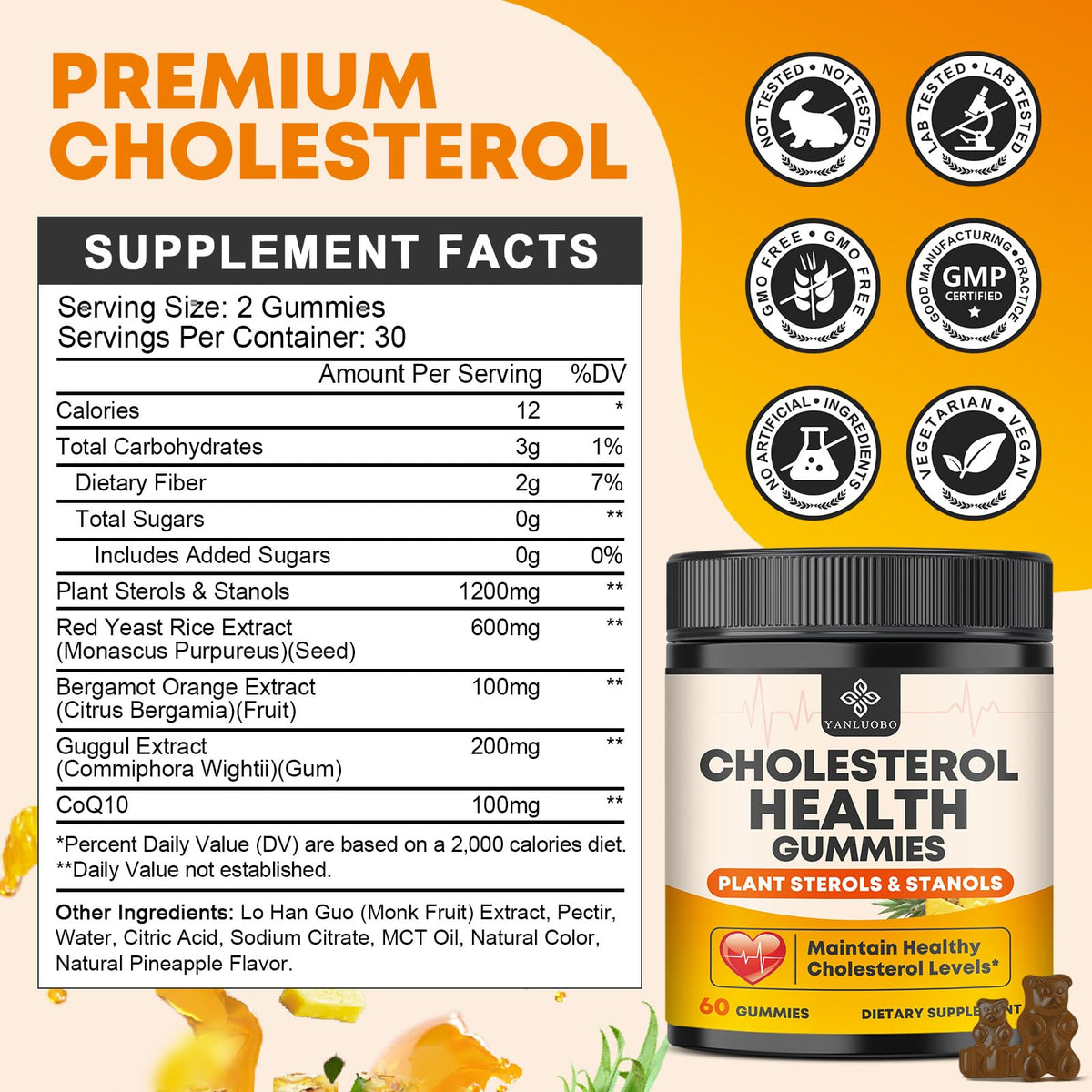 Cholesterol Supplements with 1200mg Plant Sterols & Stanols, Guggul, Bergamot, Red Yeast Rice, Cholesterol Complex Gummies Support Healthy Cholesterol Levels, Pineapple Flavor, 60 Counts - dailyvitalstore
