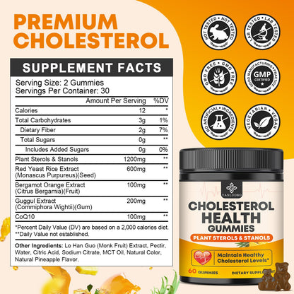 Cholesterol Supplements with 1200mg Plant Sterols & Stanols, Guggul, Bergamot, Red Yeast Rice, Cholesterol Complex Gummies Support Healthy Cholesterol Levels, Pineapple Flavor, 60 Counts - dailyvitalstore