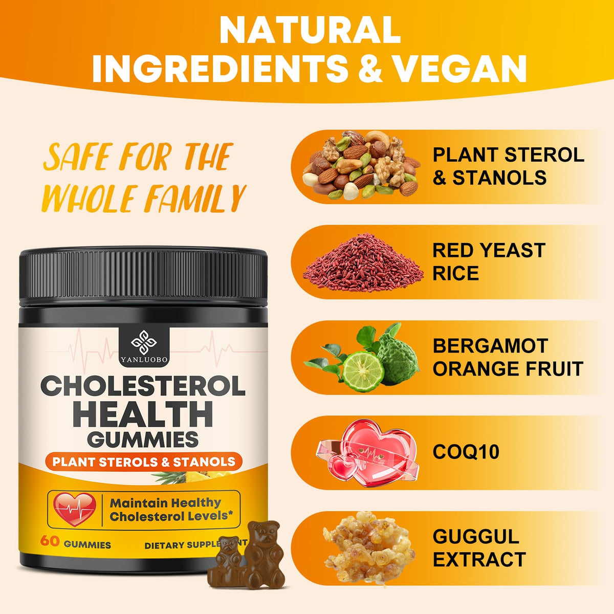 Cholesterol Supplements with 1200mg Plant Sterols & Stanols, Guggul, Bergamot, Red Yeast Rice, Cholesterol Complex Gummies Support Healthy Cholesterol Levels, Pineapple Flavor, 60 Counts - dailyvitalstore