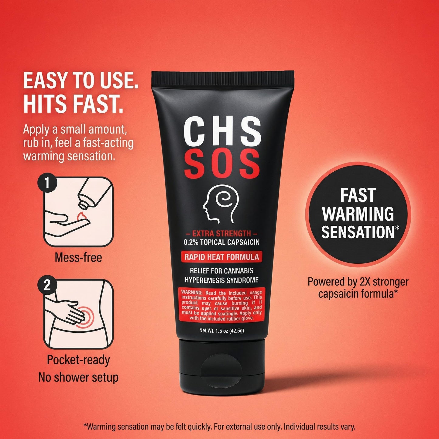 CHS SOS Warming Relief Cream – High Potency Capsaicin Topical for Abdominal & Muscle Discomfort – Soothing Warming Sensation for Targeted Comfort – Fast-Acting, Non-Greasy Formula – 1.5 oz x 2pack - dailyvitalstore
