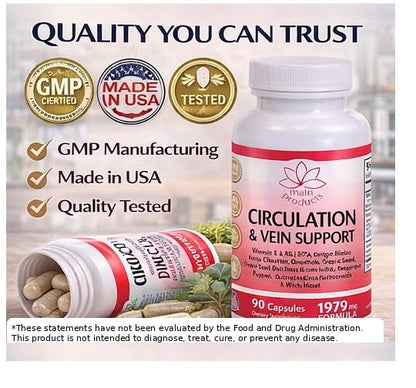 Circulation & Vein Support Supplement - Vitamins E & B3, Ginkgo Biloba, Horse Chestnut, Gotu Kola, Grape Seed, Butcher's Broom & Citrus Bioflavonoids - 1979 mg Formula - 90 Capsules - 30 Days Supply. - dailyvitalstore