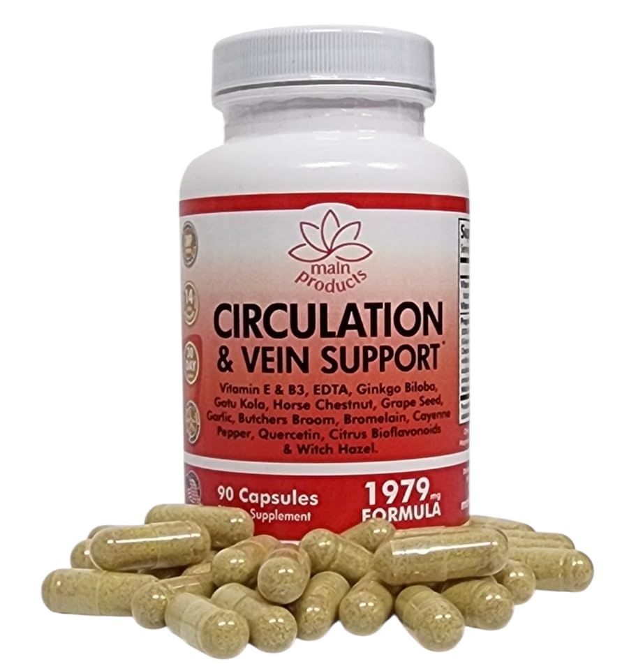 Circulation & Vein Support Supplement - Vitamins E & B3, Ginkgo Biloba, Horse Chestnut, Gotu Kola, Grape Seed, Butcher's Broom & Citrus Bioflavonoids - 1979 mg Formula - 90 Capsules - 30 Days Supply. - dailyvitalstore
