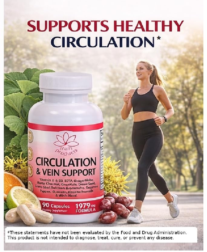 Circulation & Vein Support Supplement - Vitamins E & B3, Ginkgo Biloba, Horse Chestnut, Gotu Kola, Grape Seed, Butcher's Broom & Citrus Bioflavonoids - 1979 mg Formula - 90 Capsules - 30 Days Supply. - dailyvitalstore