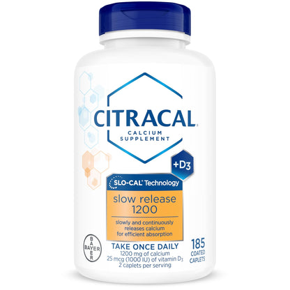 Citracal Slow Release- Calcium 1200 mg with Vitamin D3, Magnesium, Calcium Supplement, Bone Health Support, Take Once Daily Caplet, 185 Count - dailyvitalstore