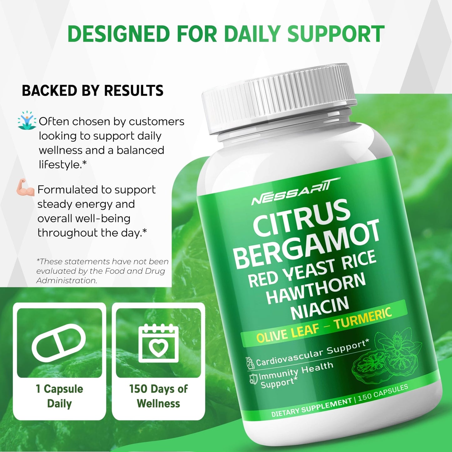 Citrus Bergamot Supplement - 15-in-1 Natural Blend with Red Yeast Rice Hawthorn Olive Leaf Odorless Garlic Turmeric Ginger Fenugreek - 150 Count - dailyvitalstore