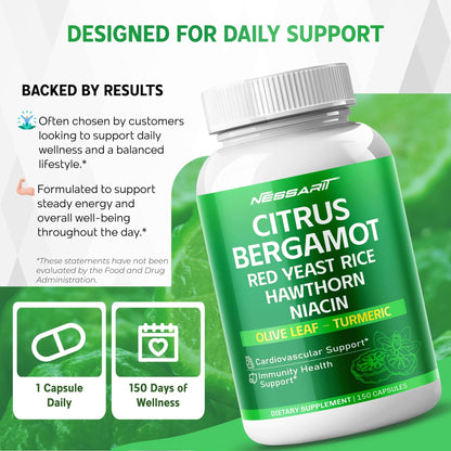 Citrus Bergamot Supplement - 15-in-1 Natural Blend with Red Yeast Rice Hawthorn Olive Leaf Odorless Garlic Turmeric Ginger Fenugreek - 150 Count - dailyvitalstore