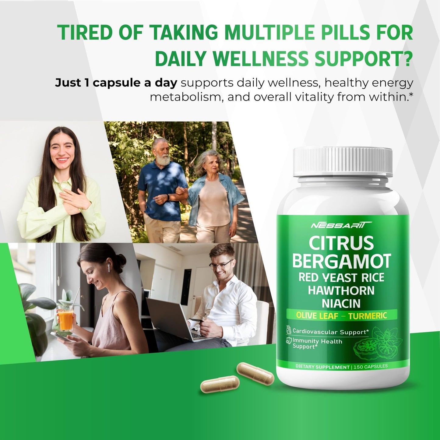 Citrus Bergamot Supplement - 15-in-1 Natural Blend with Red Yeast Rice Hawthorn Olive Leaf Odorless Garlic Turmeric Ginger Fenugreek - 150 Count - dailyvitalstore