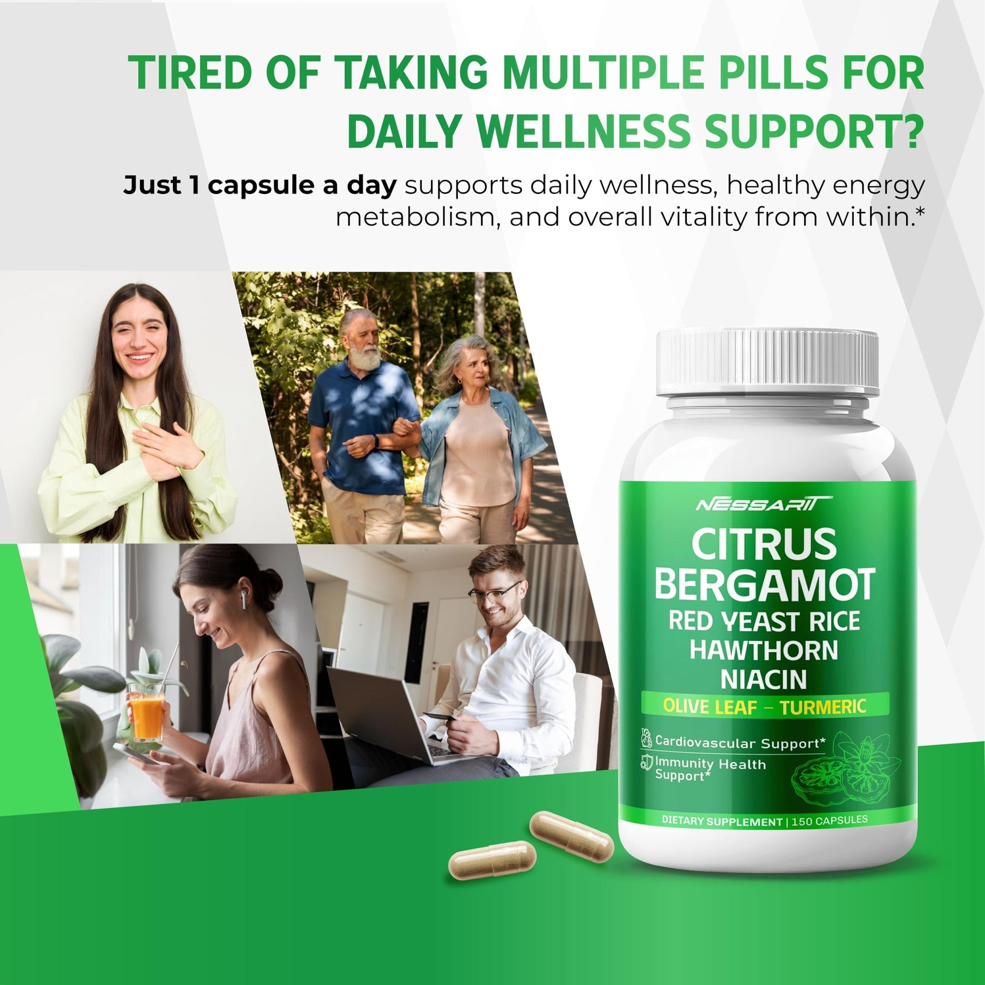 Citrus Bergamot Supplement - 15-in-1 Natural Blend with Red Yeast Rice Hawthorn Olive Leaf Odorless Garlic Turmeric Ginger Fenugreek - 150 Count - dailyvitalstore