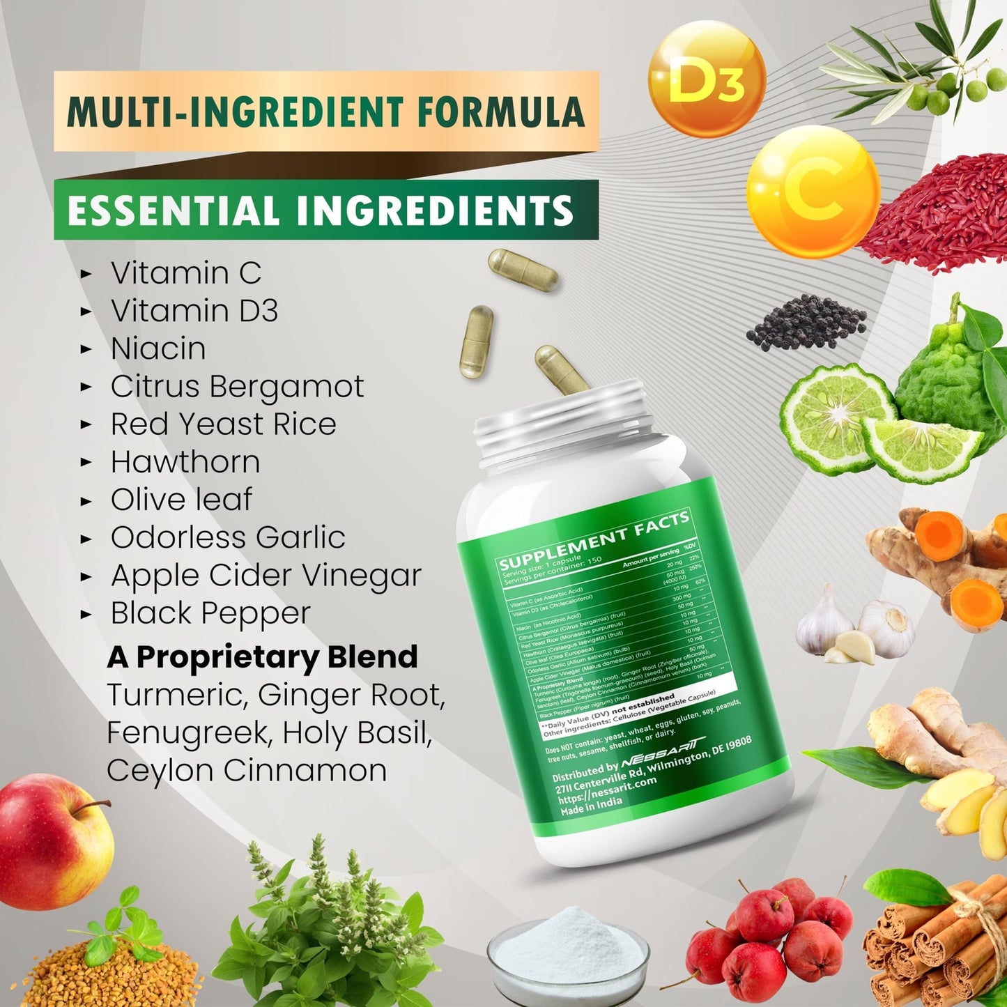 Citrus Bergamot Supplement - 15-in-1 Natural Blend with Red Yeast Rice Hawthorn Olive Leaf Odorless Garlic Turmeric Ginger Fenugreek - 150 Count - dailyvitalstore