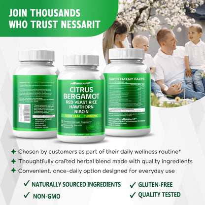 Citrus Bergamot Supplement - 15-in-1 Natural Blend with Red Yeast Rice Hawthorn Olive Leaf Odorless Garlic Turmeric Ginger Fenugreek - 150 Count - dailyvitalstore