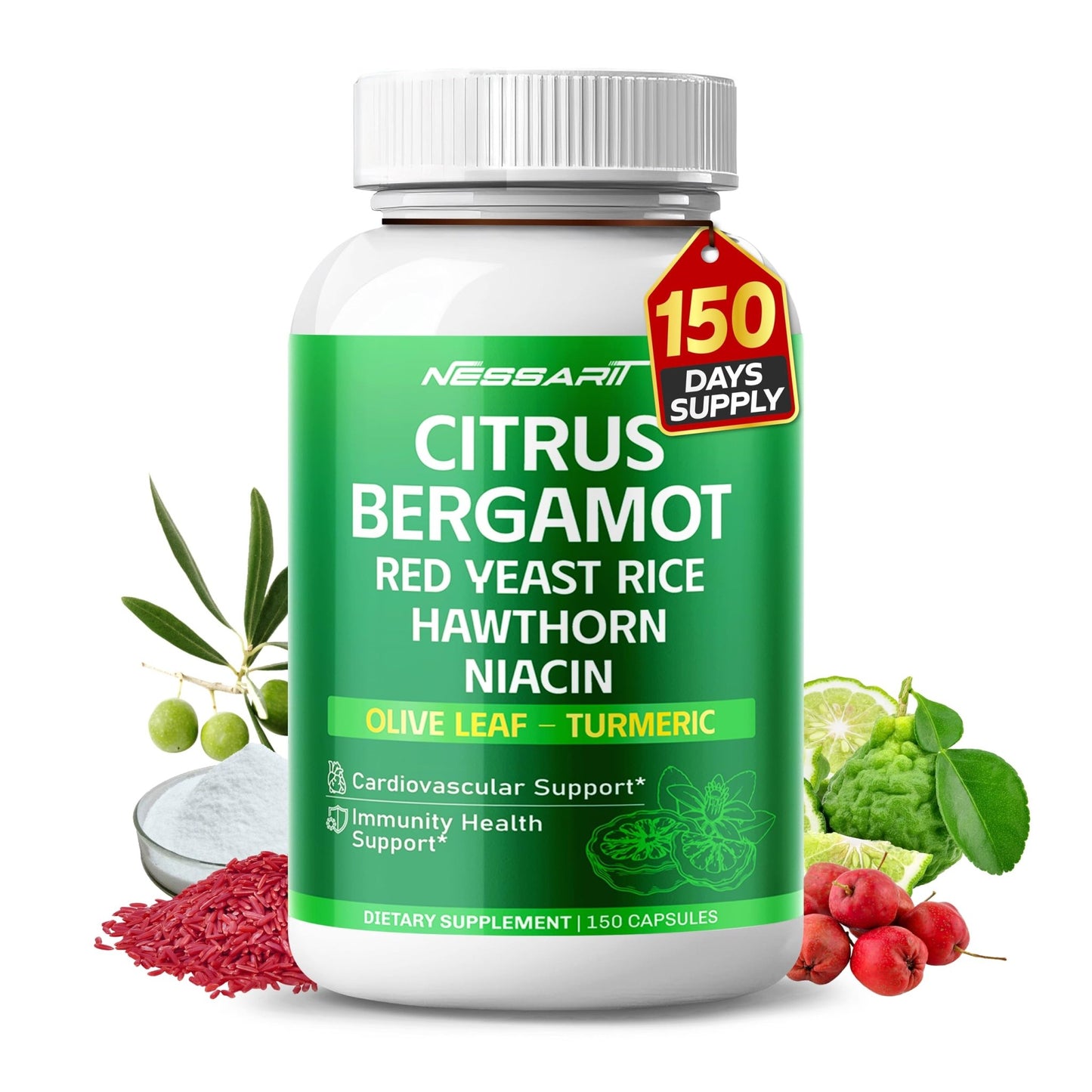 Citrus Bergamot Supplement - 15-in-1 Natural Blend with Red Yeast Rice Hawthorn Olive Leaf Odorless Garlic Turmeric Ginger Fenugreek - 150 Count - dailyvitalstore