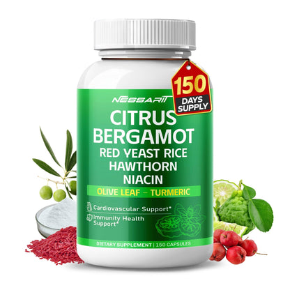 Citrus Bergamot Supplement - 15-in-1 Natural Blend with Red Yeast Rice Hawthorn Olive Leaf Odorless Garlic Turmeric Ginger Fenugreek - 150 Count - dailyvitalstore