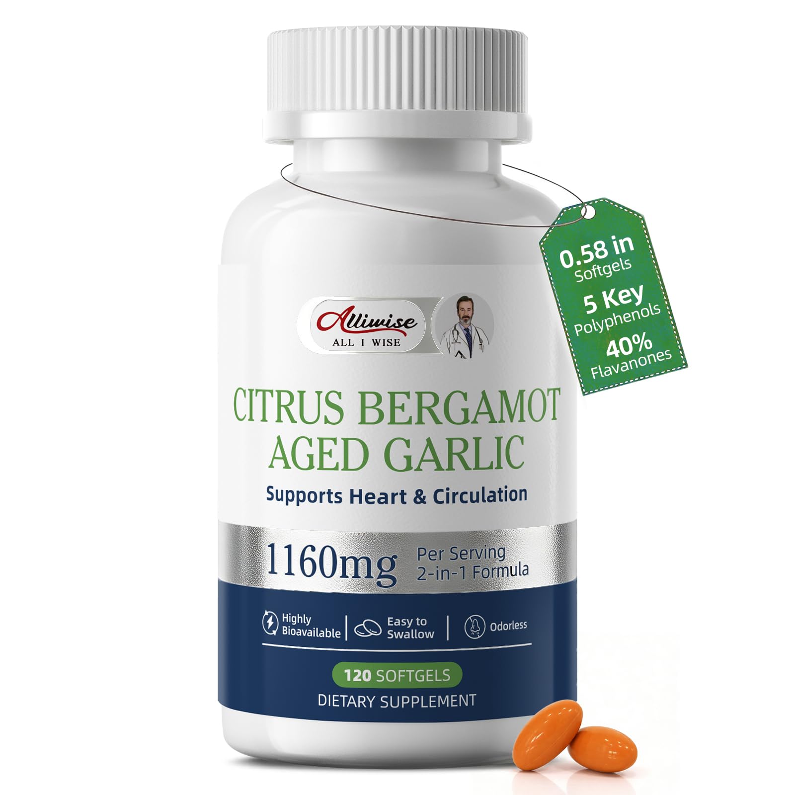 Citrus Bergamot with Aged Black Garlic Extract Softgels, 1160mg Cholesterol Support Supplement, 80% Polyphenols Bergamot Supplement for Heart, Circulation - dailyvitalstore
