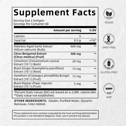 Citrus Bergamot with Aged Black Garlic Extract Softgels, 1160mg Cholesterol Support Supplement, 80% Polyphenols Bergamot Supplement for Heart, Circulation - dailyvitalstore