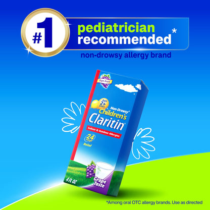 Claritin Children's Allergy Medicine, 24-Hour Non-Drowsy Loratadine 5mg, Antihistamine Liquid for Kids Aged 2 Years and Older, Grape Flavored, Dye-free, 8 fl oz. - dailyvitalstore