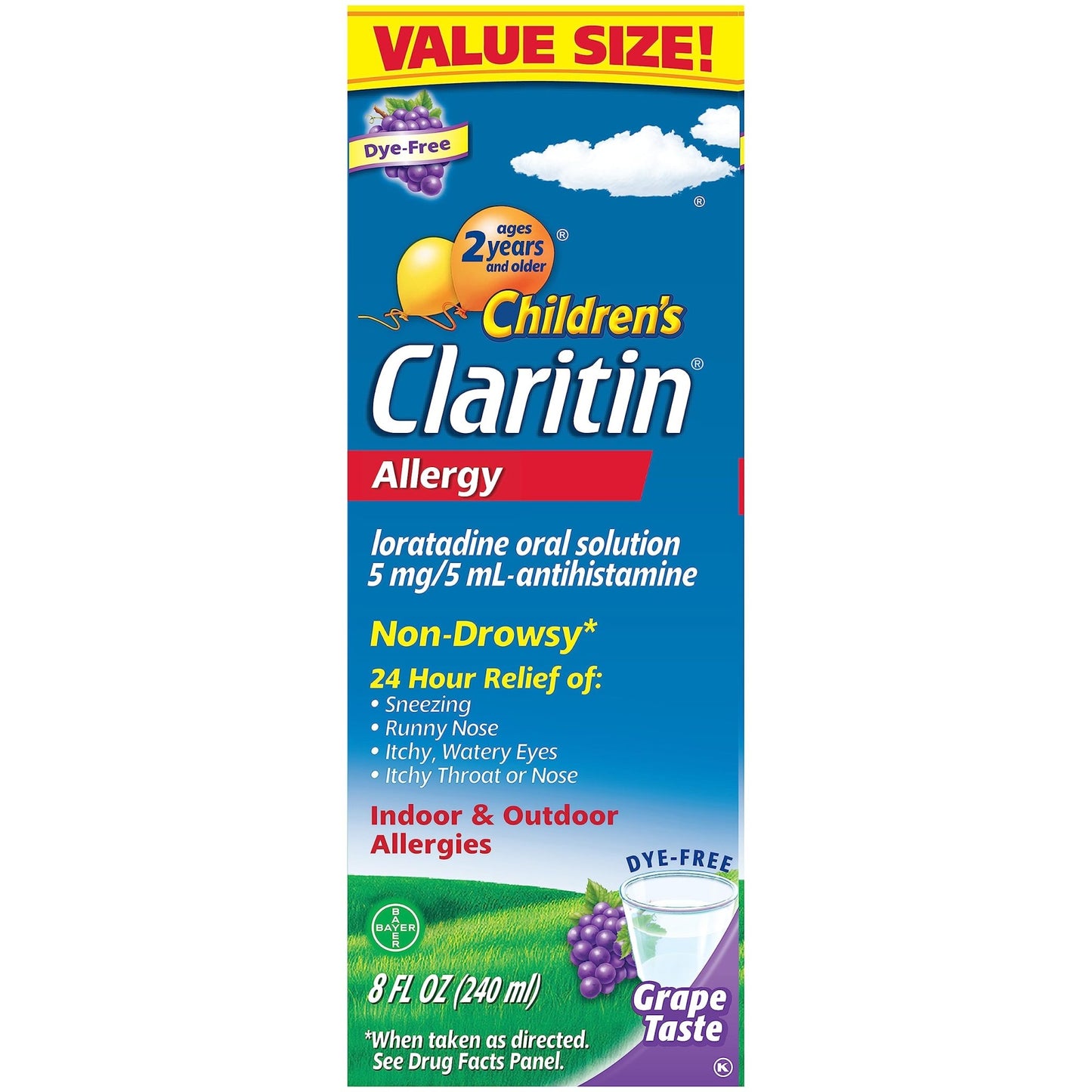 Claritin Children's Allergy Medicine, 24-Hour Non-Drowsy Loratadine 5mg, Antihistamine Liquid for Kids Aged 2 Years and Older, Grape Flavored, Dye-free, 8 fl oz. - dailyvitalstore