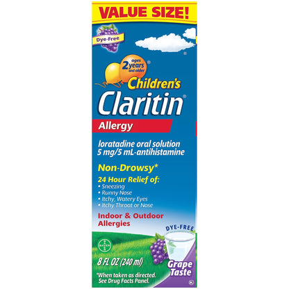 Claritin Children's Allergy Medicine, 24-Hour Non-Drowsy Loratadine 5mg, Antihistamine Liquid for Kids Aged 2 Years and Older, Grape Flavored, Dye-free, 8 fl oz. - dailyvitalstore