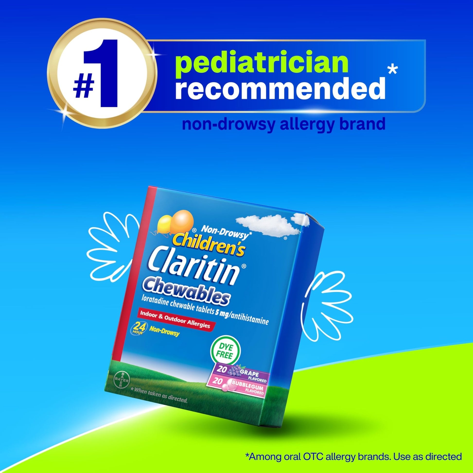 Claritin Children's Allergy Medicine, 24-Hour Non-Drowsy Loratadine 5mg Chewable Tablet, Antihistamine for Kids Ages 2 Years and Older, Grape & Bubble Gum Flavors, Dye-Free, 40 Tablets - dailyvitalstore