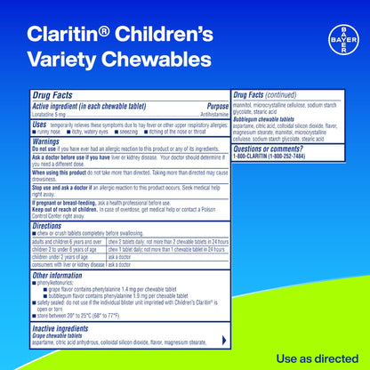 Claritin Children's Allergy Medicine, 24-Hour Non-Drowsy Loratadine 5mg Chewable Tablet, Antihistamine for Kids Ages 2 Years and Older, Grape & Bubble Gum Flavors, Dye-Free, 40 Tablets - dailyvitalstore