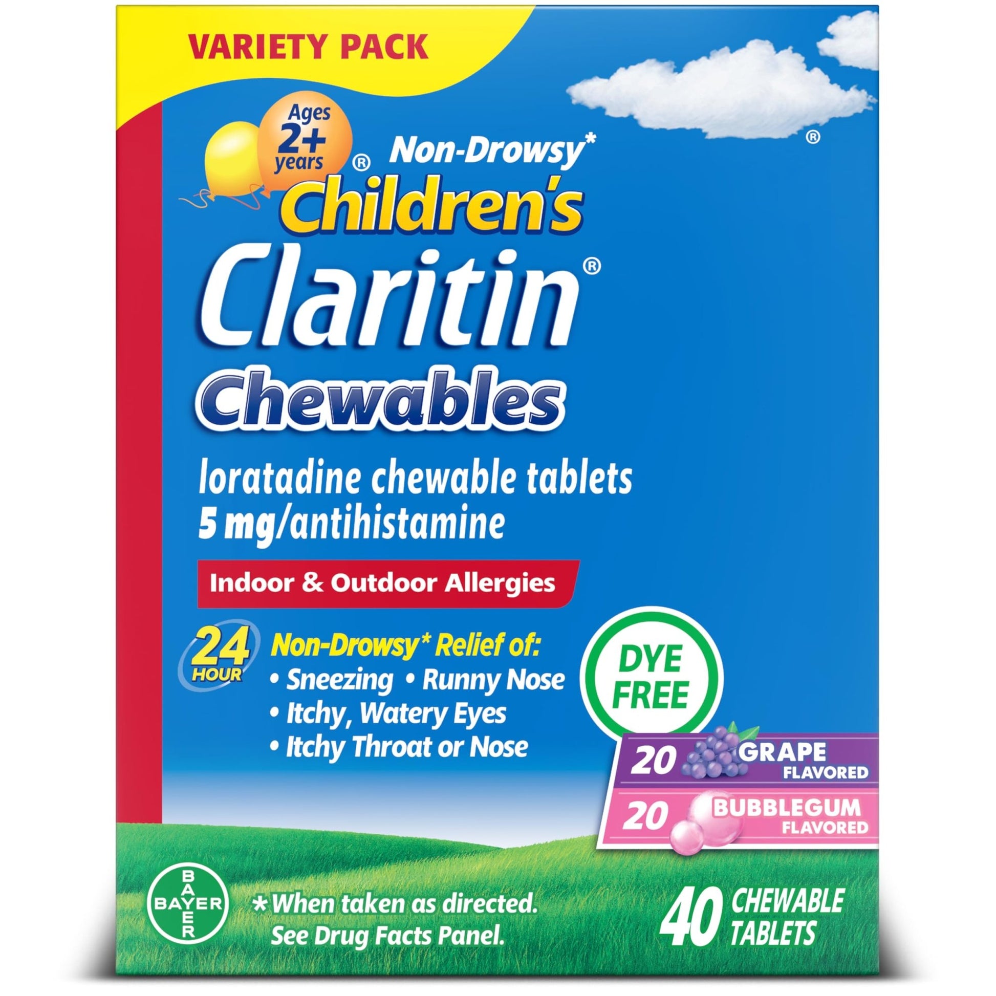 Claritin Children's Allergy Medicine, 24-Hour Non-Drowsy Loratadine 5mg Chewable Tablet, Antihistamine for Kids Ages 2 Years and Older, Grape & Bubble Gum Flavors, Dye-Free, 40 Tablets - dailyvitalstore