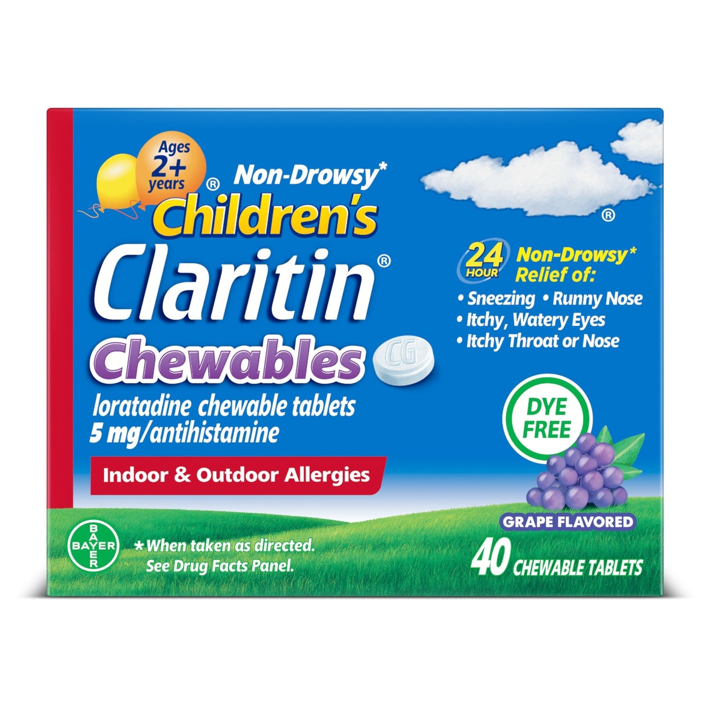 Claritin Children's Allergy Medicine, 24-Hour Non-Drowsy Loratadine 5mg Chewable Tablet, Antihistamine for Kids Ages 2 Years and Older, Grape Flavored, Dye-free, 40 Tablets - dailyvitalstore