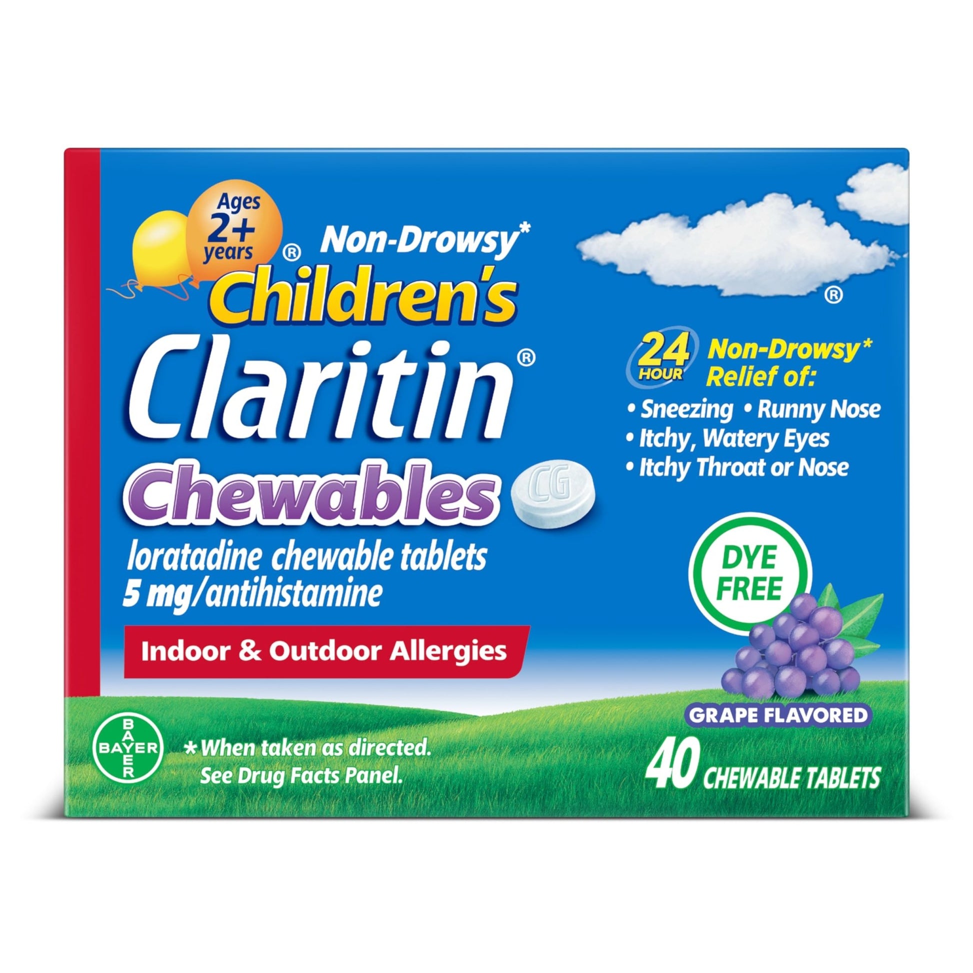 Claritin Children's Allergy Medicine, 24-Hour Non-Drowsy Loratadine 5mg Chewable Tablet, Antihistamine for Kids Ages 2 Years and Older, Grape Flavored, Dye-free, 40 Tablets - dailyvitalstore