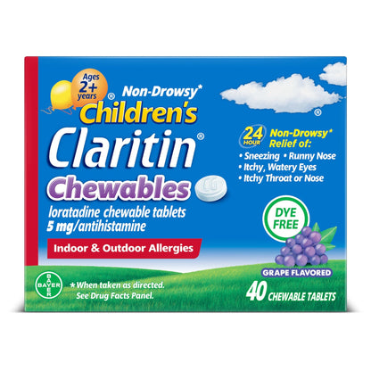 Claritin Children's Allergy Medicine, 24-Hour Non-Drowsy Loratadine 5mg Chewable Tablet, Antihistamine for Kids Ages 2 Years and Older, Grape Flavored, Dye-free, 40 Tablets - dailyvitalstore