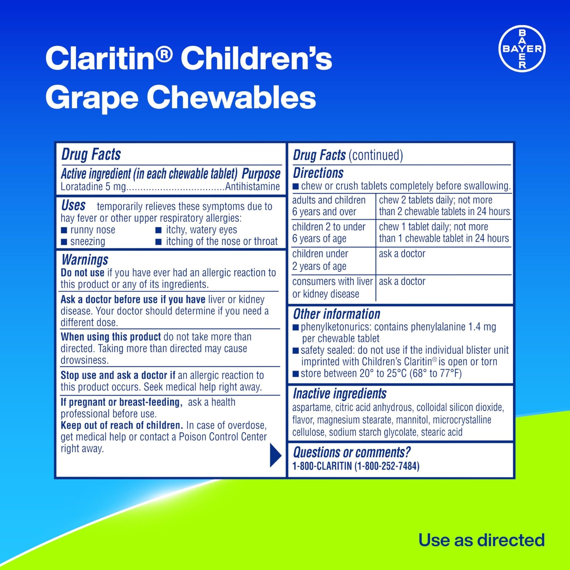 Claritin Children's Allergy Medicine, 24-Hour Non-Drowsy Loratadine 5mg Chewable Tablet, Antihistamine for Kids Ages 2 Years and Older, Grape Flavored, Dye-free, 40 Tablets - dailyvitalstore