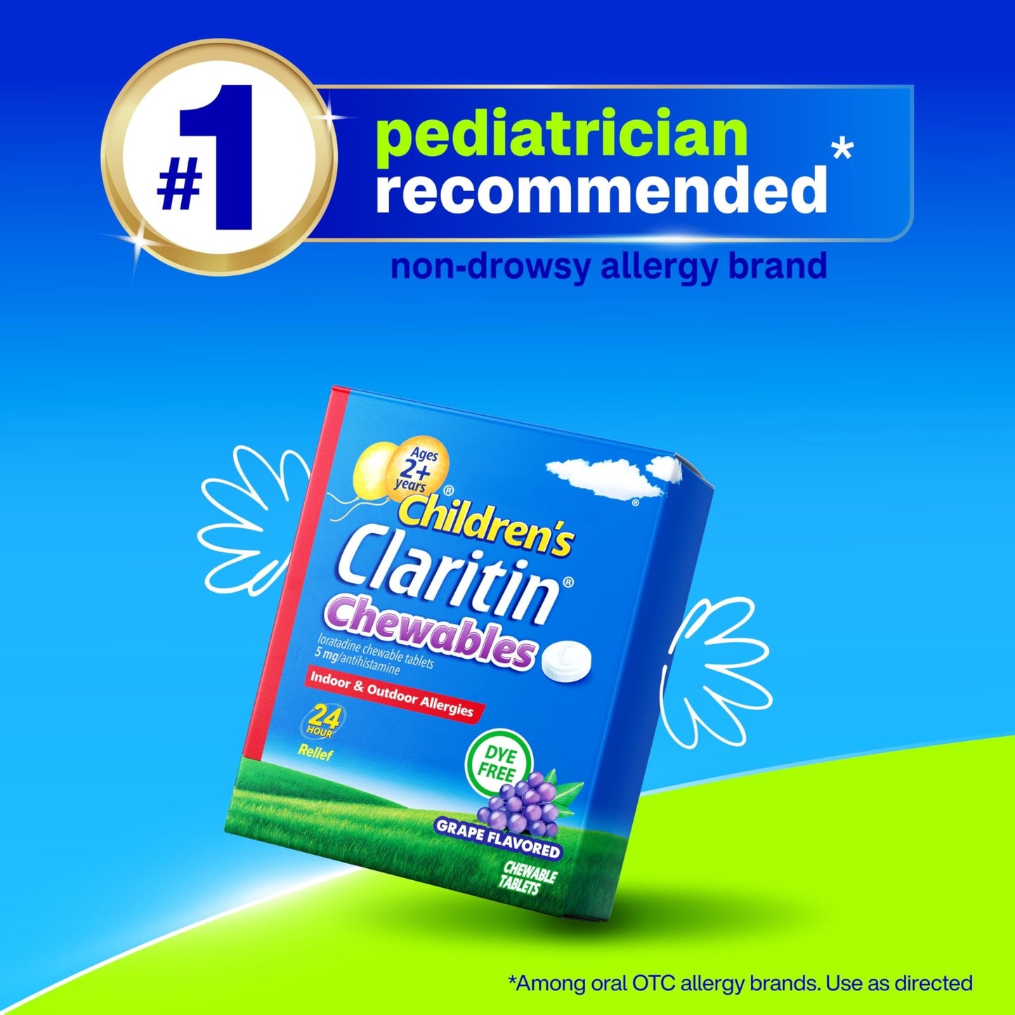 Claritin Children's Allergy Medicine, 24-Hour Non-Drowsy Loratadine 5mg Chewable Tablet, Antihistamine for Kids Ages 2 Years and Older, Grape Flavored, Dye-free, 40 Tablets - dailyvitalstore