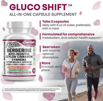 Clean Nutra Berberine Supplement Myo-Inositol Ceylon Cinnamon Gymnema Bitter Melon Chromium Complex for Digestion, Antioxidant Support & Wellness 90 Vegan Capsules Non-GMO - dailyvitalstore