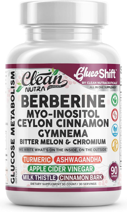 Clean Nutra Berberine Supplement Myo-Inositol Ceylon Cinnamon Gymnema Bitter Melon Chromium Complex for Digestion, Antioxidant Support & Wellness 90 Vegan Capsules Non-GMO - dailyvitalstore