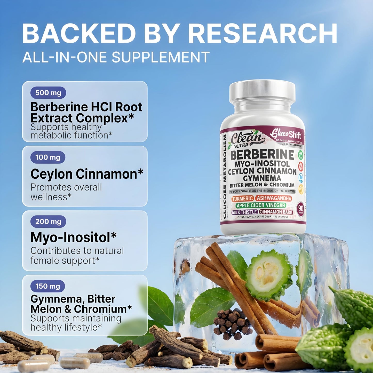 Clean Nutra Berberine Supplement Myo-Inositol Ceylon Cinnamon Gymnema Bitter Melon Chromium Complex for Digestion, Antioxidant Support & Wellness 90 Vegan Capsules Non-GMO - dailyvitalstore