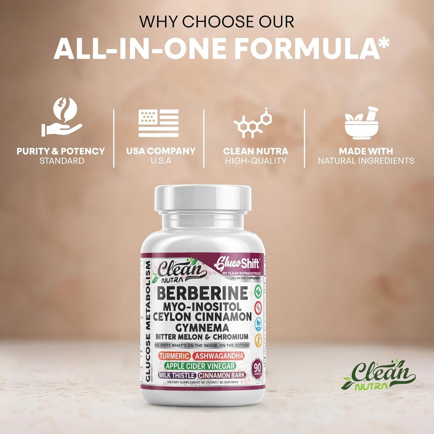Clean Nutra Berberine Supplement Myo-Inositol Ceylon Cinnamon Gymnema Bitter Melon Chromium Complex for Digestion, Antioxidant Support & Wellness 90 Vegan Capsules Non-GMO - dailyvitalstore