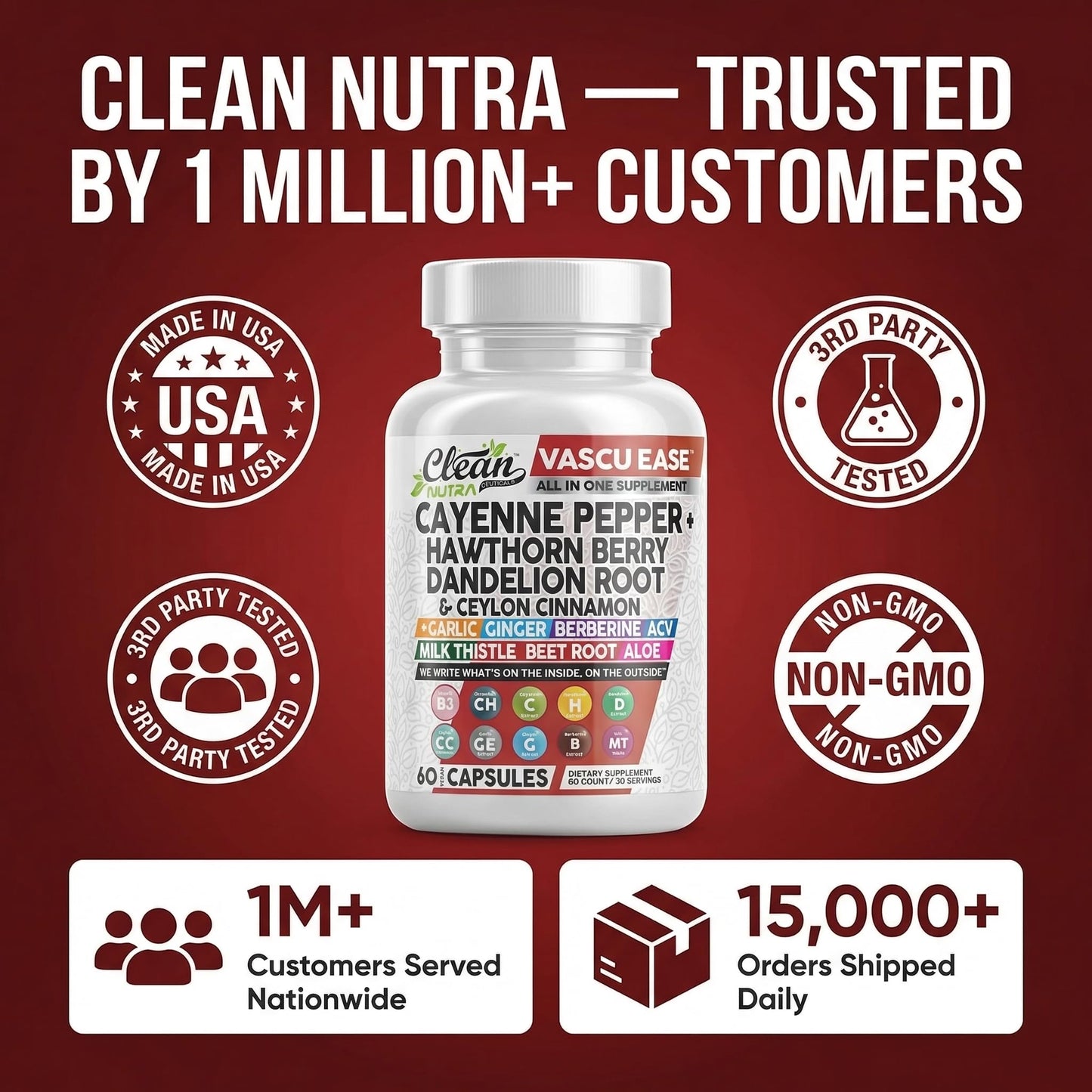 Clean Nutra Cayenne Pepper Capsules Supplement with Hawthorn Berry, Dandelion Root, Ceylon Cinnamon, Garlic, Ginger, Berberine, Apple Cider Vinegar, Milk Thistle, Beet Root, Aloe Vera Pills & More - dailyvitalstore