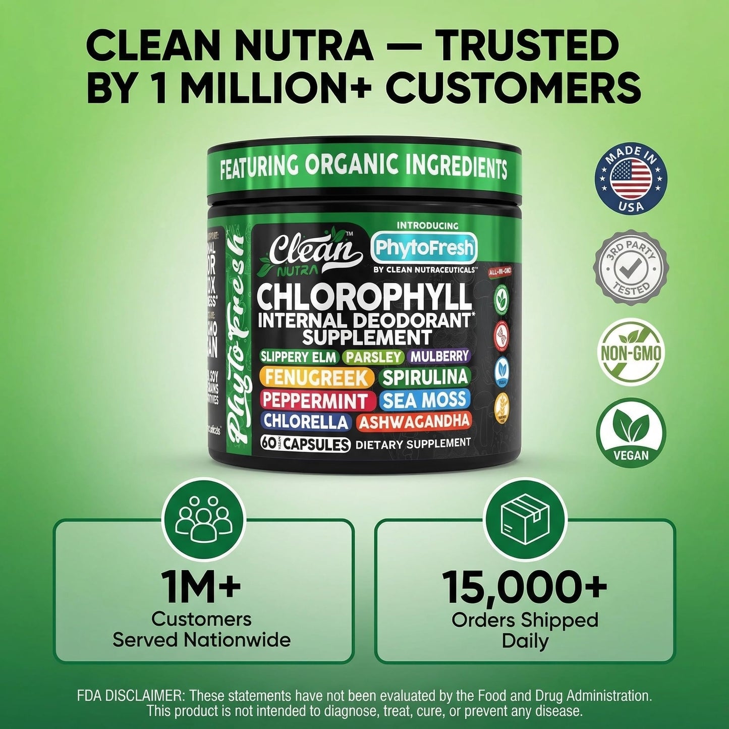 Clean Nutra Chlorophyll Capsules Supplement Internal Deodorant Peppermint, Sea Moss, Parsley, Chlorella, Spirulina, Slippery Elm, Ashwagandha, PhytoFresh Greens Detox Pills - dailyvitalstore