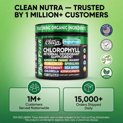 Clean Nutra Chlorophyll Capsules Supplement Internal Deodorant Peppermint, Sea Moss, Parsley, Chlorella, Spirulina, Slippery Elm, Ashwagandha, PhytoFresh Greens Detox Pills - dailyvitalstore