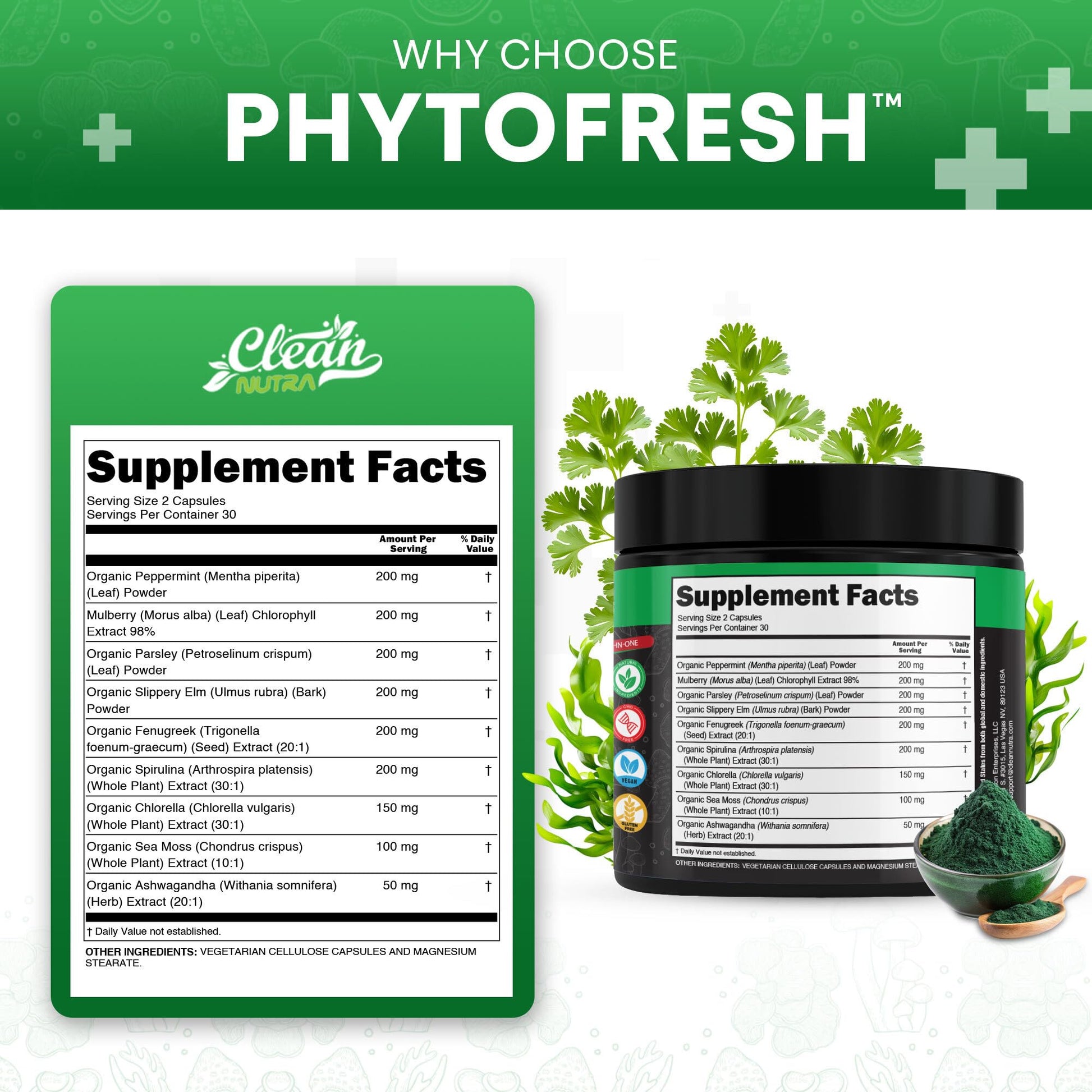 Clean Nutra Chlorophyll Capsules Supplement Internal Deodorant Peppermint, Sea Moss, Parsley, Chlorella, Spirulina, Slippery Elm, Ashwagandha, PhytoFresh Greens Detox Pills - dailyvitalstore