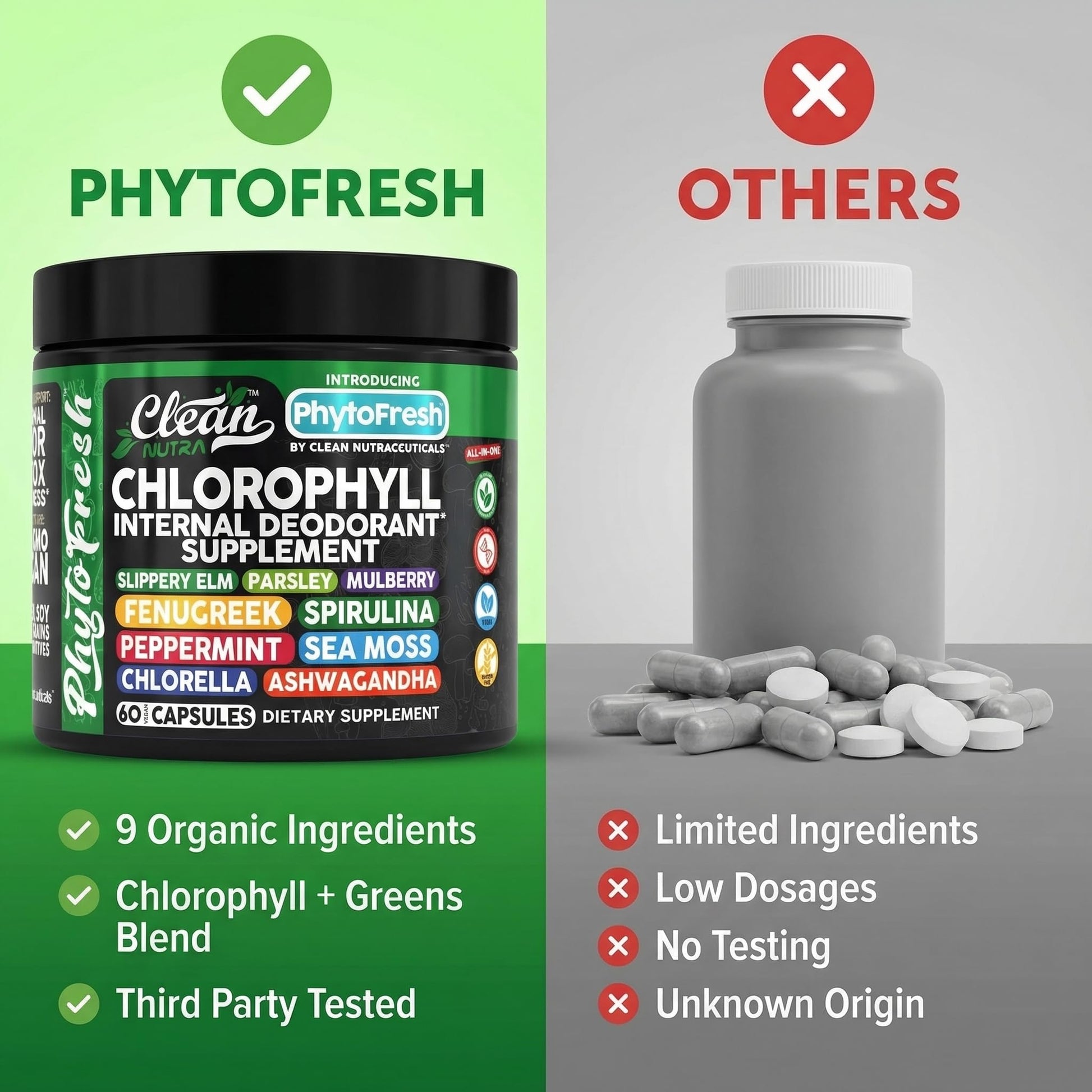 Clean Nutra Chlorophyll Capsules Supplement Internal Deodorant Peppermint, Sea Moss, Parsley, Chlorella, Spirulina, Slippery Elm, Ashwagandha, PhytoFresh Greens Detox Pills - dailyvitalstore
