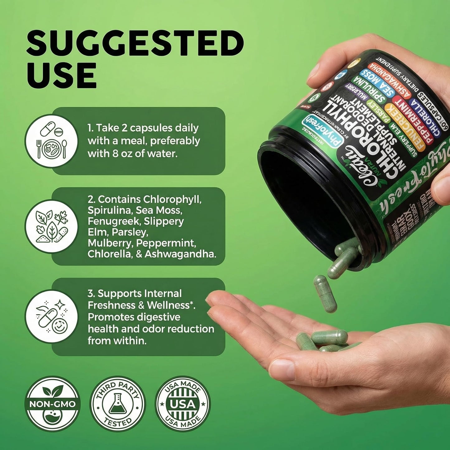 Clean Nutra Chlorophyll Capsules Supplement Internal Deodorant Peppermint, Sea Moss, Parsley, Chlorella, Spirulina, Slippery Elm, Ashwagandha, PhytoFresh Greens Detox Pills - dailyvitalstore