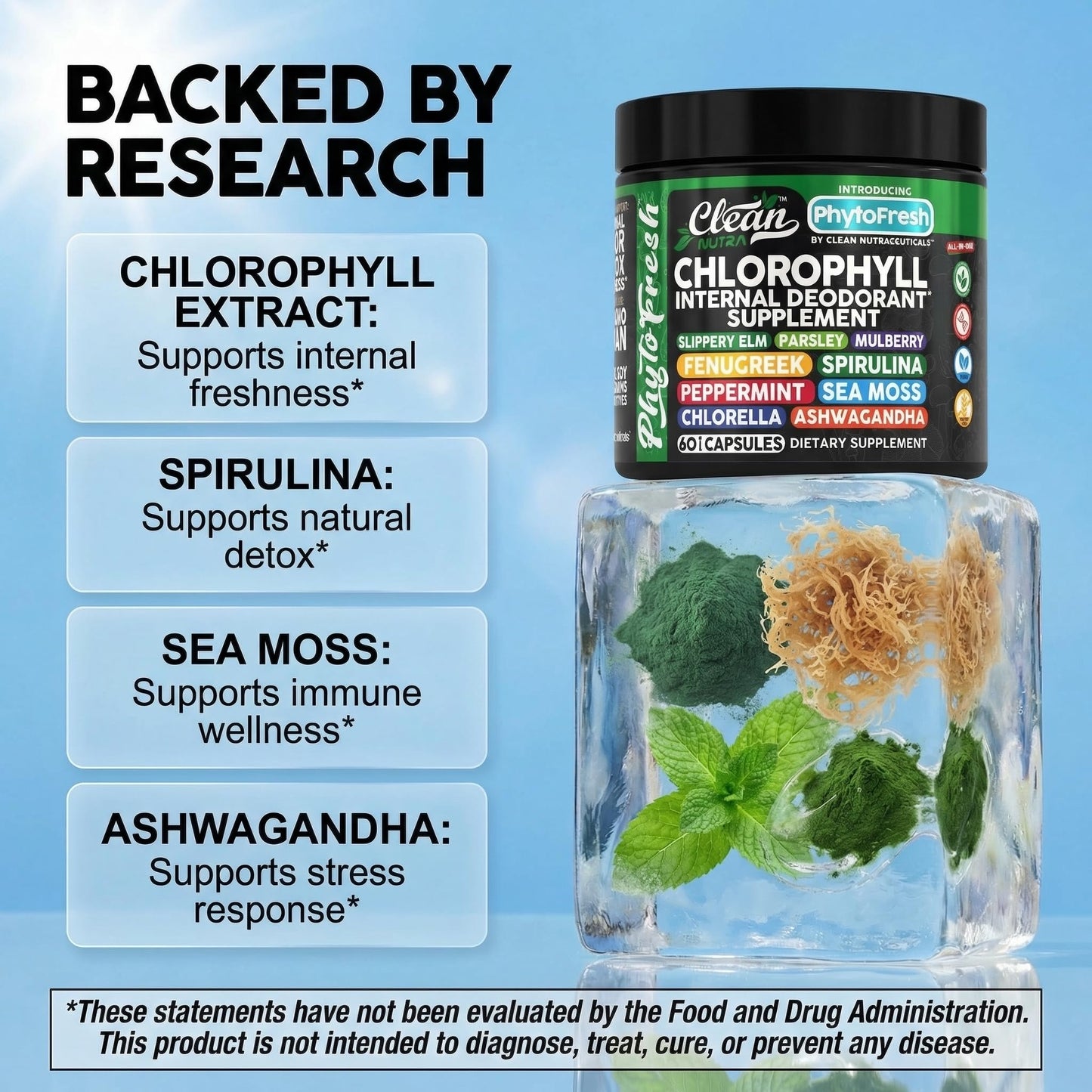 Clean Nutra Chlorophyll Capsules Supplement Internal Deodorant Peppermint, Sea Moss, Parsley, Chlorella, Spirulina, Slippery Elm, Ashwagandha, PhytoFresh Greens Detox Pills - dailyvitalstore